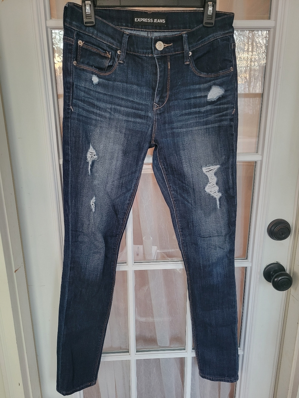 Express Jeans Dark Wash Distressed Skinny Jeans Leggings Mid Rise Size 6 Long